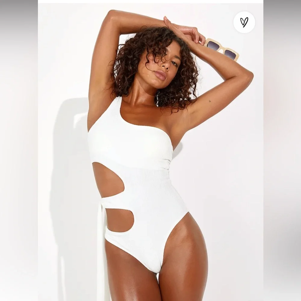 Lulu’s Just Add Water White Ribbed One-Shoulder Side-Tie Swimsuit - Picture 3 of 8